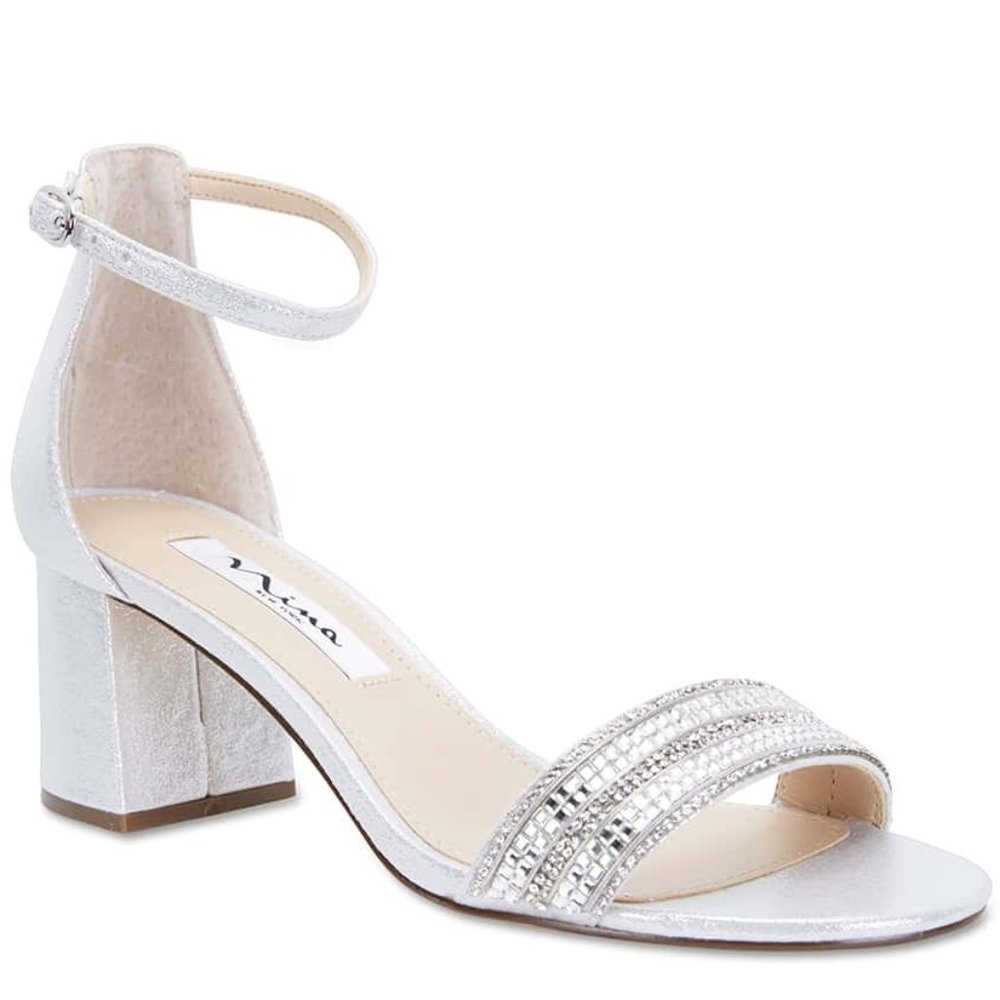 NWT Nina Womens Silver Elenora Rhinestone Ankle Strap Block Heel Shoe SIZE 9M